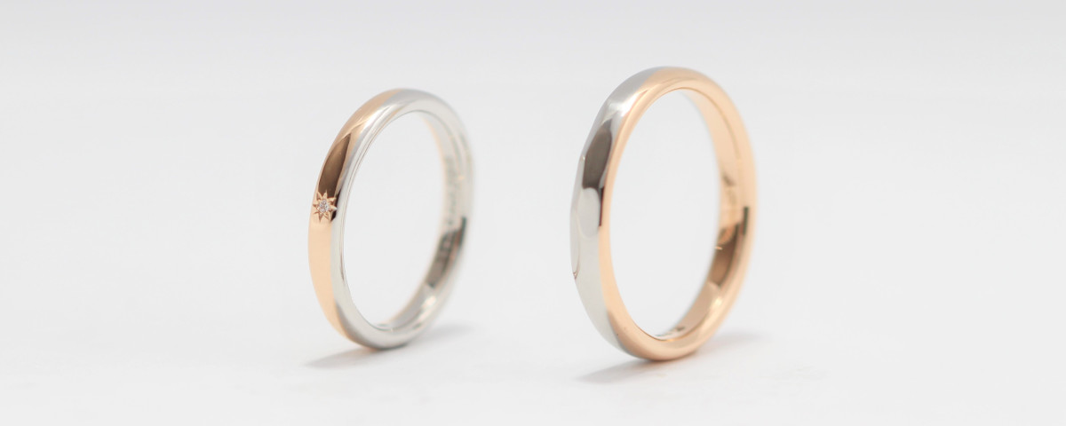 ピンクゴールドとプラチナ多面加工の結婚指輪